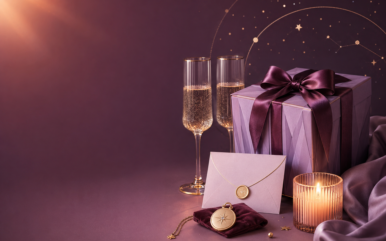 An intimate plum and lavender birthday gift setting for two