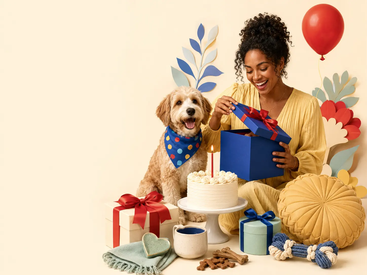 A joyful birthday celebration with personalized gifts and a pet party