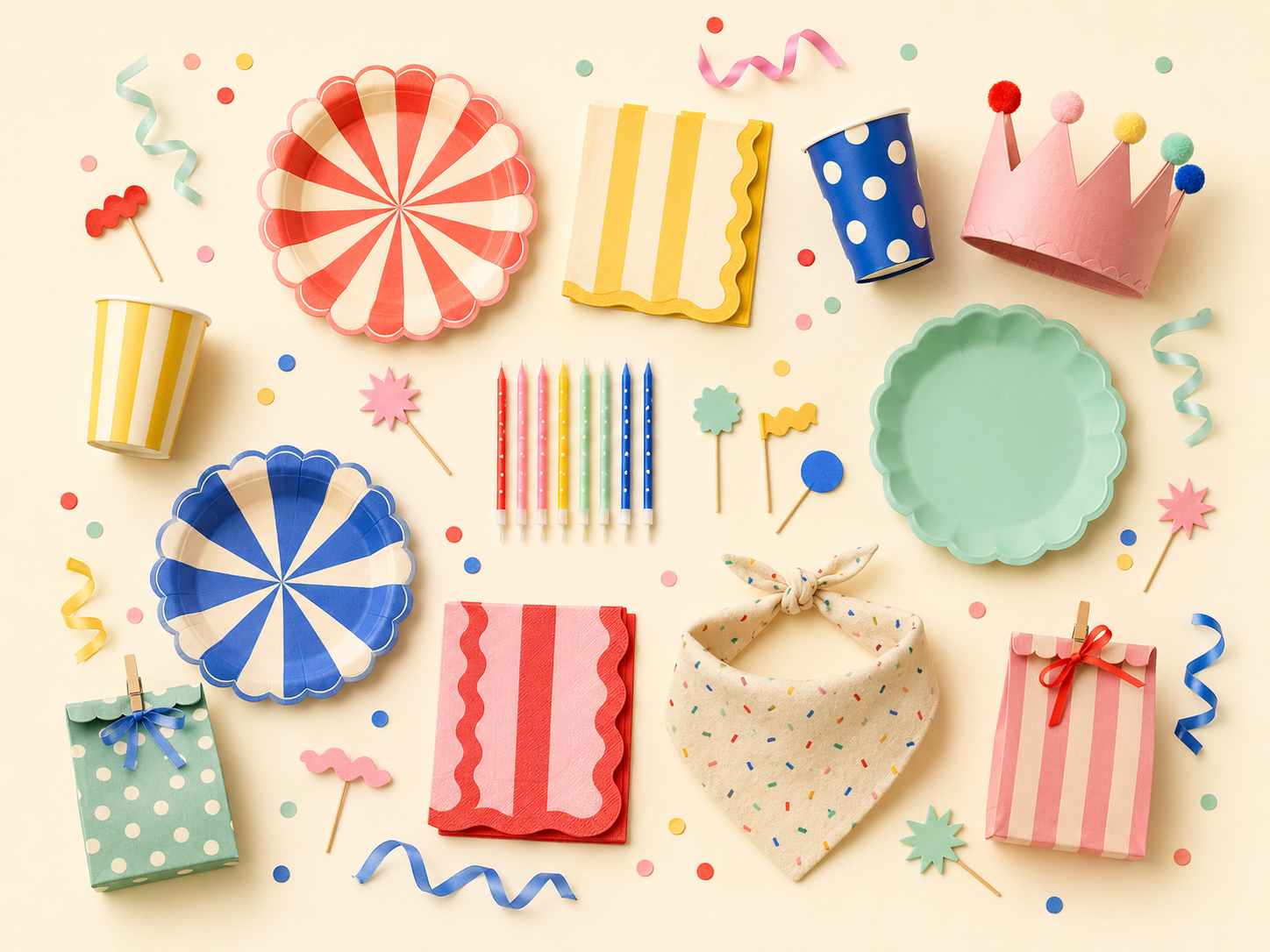 A coordinated colorful birthday party kit